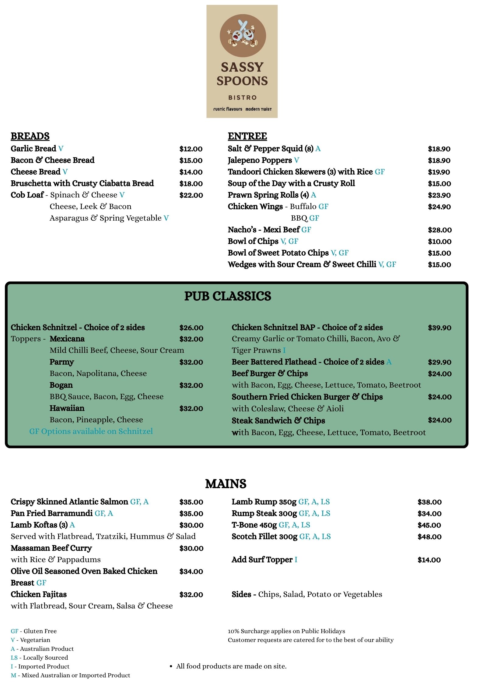 Sassy Spoon Menu July 2026